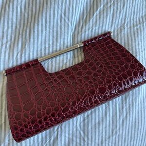 La Regale Croc-Embossed Wine Red Clutch with Silver-Tone Handle